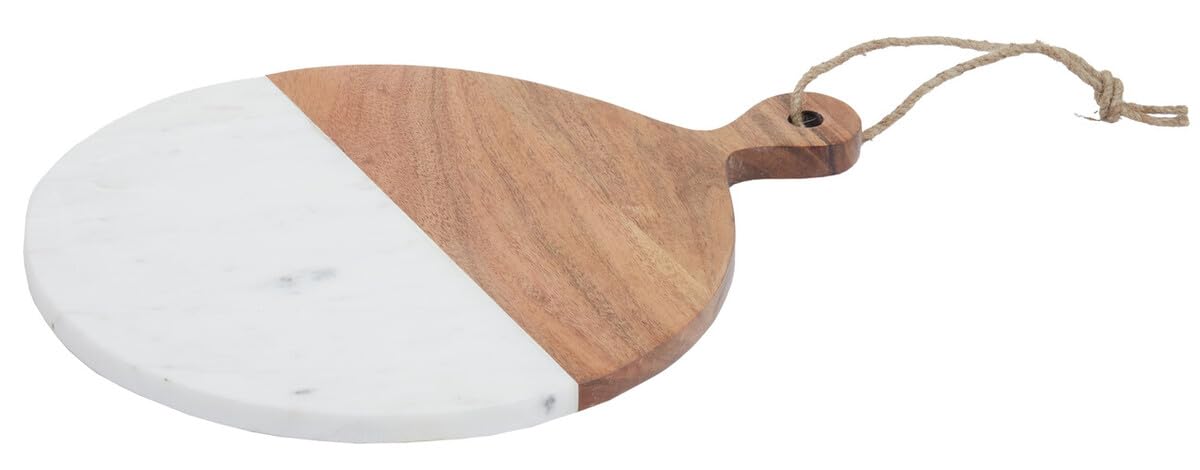 Premier Housewares Small Marble And Acacia Wood Paddle Board Durable Round Serving Board White and Natural Paddle Board Serving Platters Wood Board 28 x 2 x 36