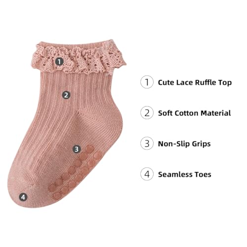 Meeshine Baby Toddler Girls Anti Slip Ruffle Socks with Grips Newborn Infant Cotton Non Skid Frilly Dress Socks, 5 Packs2