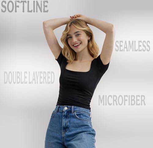 Image of SIGHTBOMB SOFTLINE SQUARE NECK DOUBLE LAYER SHORT SLEEVE MICROFIBER CUDDLE TEE AFFORD LUX EDITION FEATHER TOUCH TOP FOR WOMEN