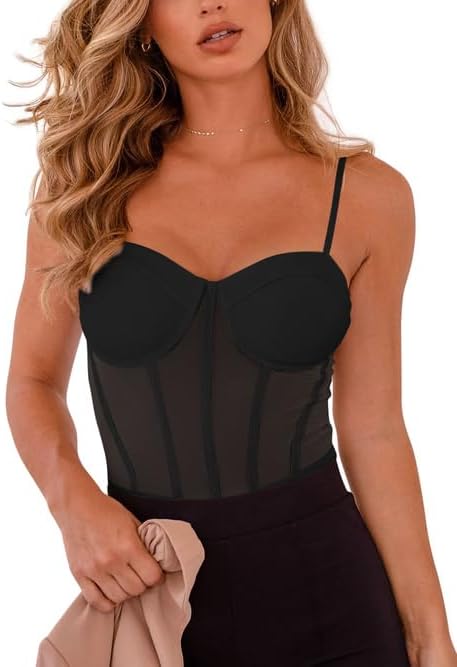 REORIA Women's Sexy Mesh Sheer Spaghetti Strap Going Out Slimming Bustier Corset Bodysuit With Built In Bra