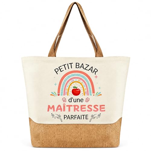 AHEZQILU Sac Cabas Petit Bazar d'une Maîtresse Parfaite, Tote Bag en Toile et Jute pour Professeur, Idée Cadeau Maitresse d'école Fin d'année, Cadeau Retraite Femme, Sac de Courses Plage