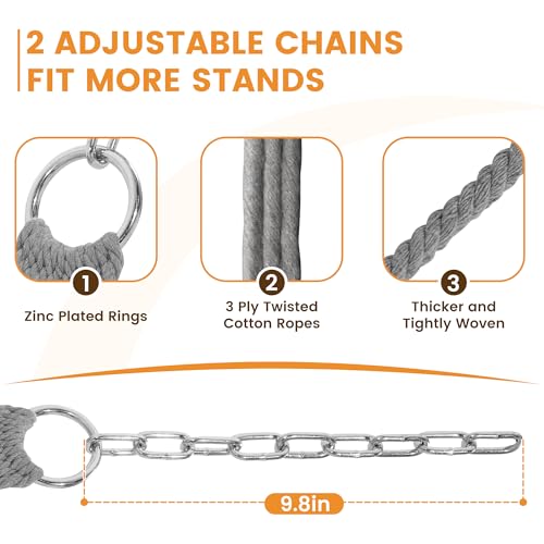 Image of Lazy Daze Hammocks 12FT Double Rope Hammocks, 2 Person Hand Woven Cotton Hammock with Spreader Bar, Carabiner, Tree Strap, Chain for Outside, FIT 13-15 FT Stand, Max 450 Lbs, Light Grey