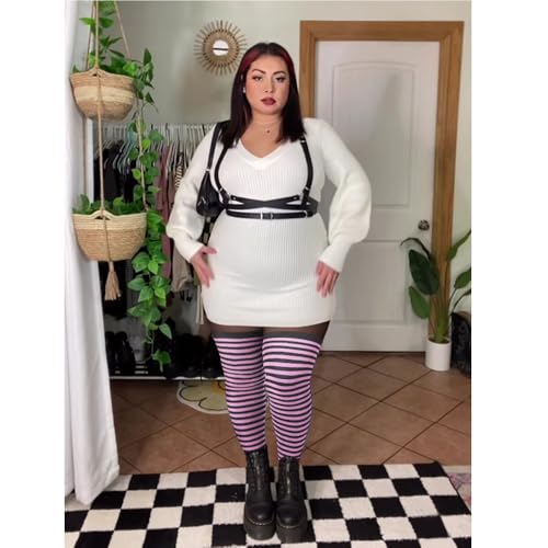Image of DRESHOW Plus Size Thigh High Socks Striped Over Knee Long Boot Stockings Knee High Tube Socks Leg Warmers for Women