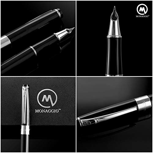 Luxury Black Fountain Pen with Beautiful Case Set, Medium Silver Nib and Refillable Converter. Perfect Calligraphy Pens to Make Your Point. Works Smoothly with International Disposable Ink Cartridges - Thumbnail 2