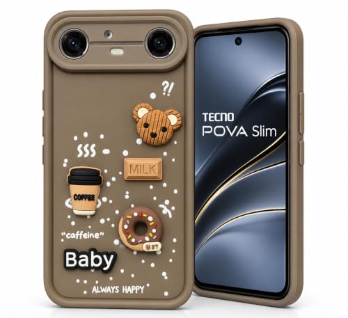 Image of Bintage Back Cover Compatible for Tecno KM9 / Pova Slim 5G | Cute Fun Ball | 3D Taddy Smiley Coffee | Milk Case | Full Body Protection - Brown