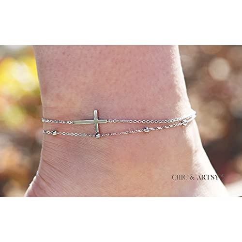 Chic & Artsy Cross Anklet 925 Sterling Silver Sideways Cross Anklet Bracelet Christian Cross Layered Anklet For Women Tiny Cross Anklet Double Layer Cross Anklet Bracelet #TOP1
