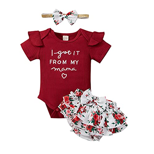 Image of MA&BABY Newborn Baby Girls Clothes Summer Outfits Short Sleeve Knitted Mama Saying Romper Floral Shorts Headband (X-X-Wine Red, 6-12 Months)