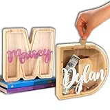 UIDMEN Alcancía de madera personalizada con letras y nombre acrílico 3D personalizado, banco de monedas grande, con ventana transparente, regalos de cumpleaños y Navidad para niños, niñas, nietos