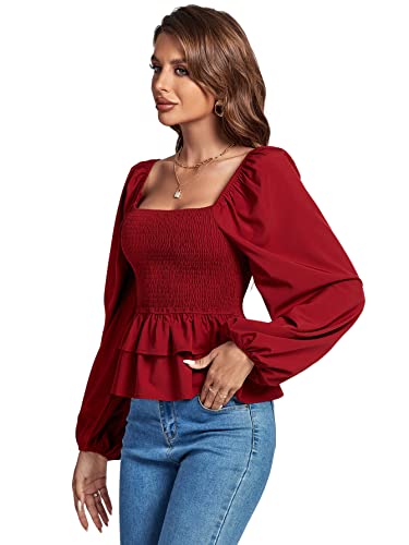 Umenlele Women’s Square Neck Lantern Long Sleeve Shirred Ruffle Hem Smocked Peplum Babydoll Blouse Shirt Top4