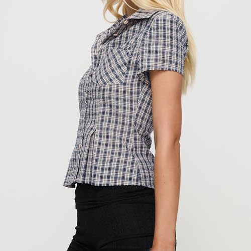 Image of Y2k Girls Vintage Coquette Button Down Shirt Women Short Sleeve V-Neck Slim Fitted T-Shirt Cute Blouse Crop Top