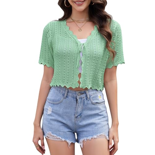Image of Womens Lightweight Short Sleeve Cardigan Trendy Knit Hollowed-Out Y2k Cropped Tie-Front Shrugs for Dresses Pants Shorts