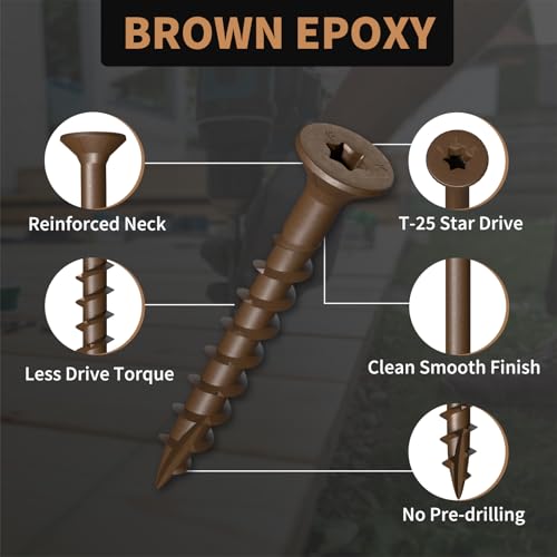 Image of Wood Screws 1-1 /2 Inch, FIXLINK Deck Screws #8 x 1-1 /2 inch, 310 PCS, Epoxy Coated, T25 Star Bit Above 1500 Hour Salt Spray Coating Outdoor Decking Screws Excellent Rust Resistant for Wood Fence, Brown