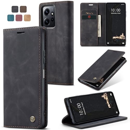 owlhold Hülle Xiaomi Redmi Note 12 4G klapphülle [Nicht für 5G] Premium Lederhülle Weiches Vintage-Nubukleder Faltbare Ständer Schutzhülle Kartenfach Handyhülle Redmi Note 12 4G -Schwarz