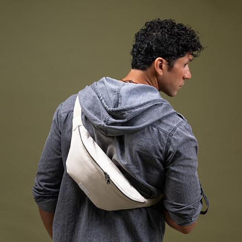 Image of The Peacock Crew Fanny Pack - Stylish Cotton Crossbody Bag for Men & Women - Adjustable Strap, Dual Zipper - Premium Fabric Shoulder Bag, Trekker Beige