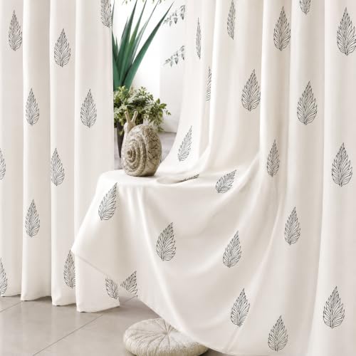 Image of THE LINEN COMPANY Cotton Duck Canvas Curtains 6 Feet Long, Printed Leaf Curtains for Door & Window, 6ft Set of 2, Black Leaf