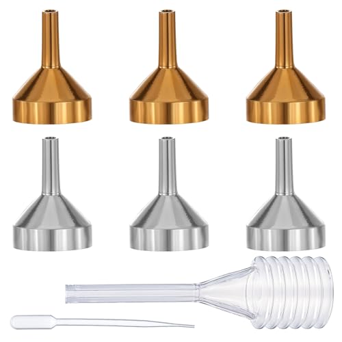 TIESOME Pequeño embudo para llenar botellas, 6 unidades Mini embudo de acero inoxidable, juego de cocina con 2 pipetas para líquidos, especias, polvos, perfume, aceites esenciales, champú, arena