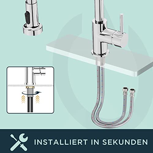 FORIOUS Wasserhahn Küche, Hoher Bogen Hochdruck Küchenarmatur mit Herunterziehen Brause Armatur, Mischbatterie Spültischarmatur Küche Küchenarmaturen, 360°Schwenkbar, Polierter Chrom