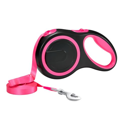 Image of Amazon Basics Retractable Dog Leash | 5 Meter | for Large Dogs Up to 50 Kg | Heavy Duty Leash for Pets | Strong Nylon Tape, Anti-Slip Handle, Built in Spring, One-Click Brake Pause | Pink