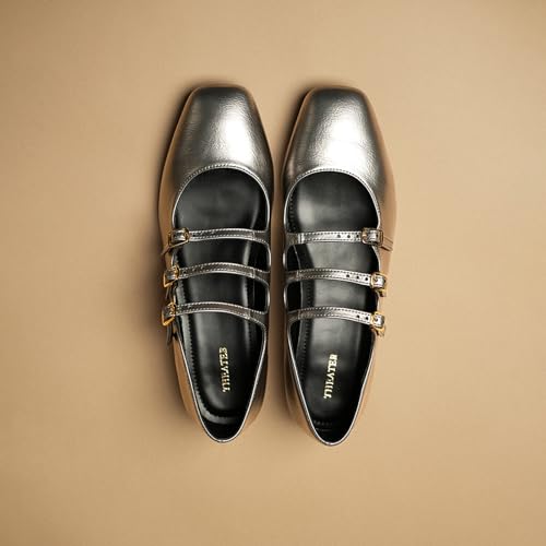 Image of Theater Kelly Jr Women Mary Jane Flats | Triple Buckle Strap Square Toe Shoes | Comfortable & Stylish for Formal and Casual Fashion