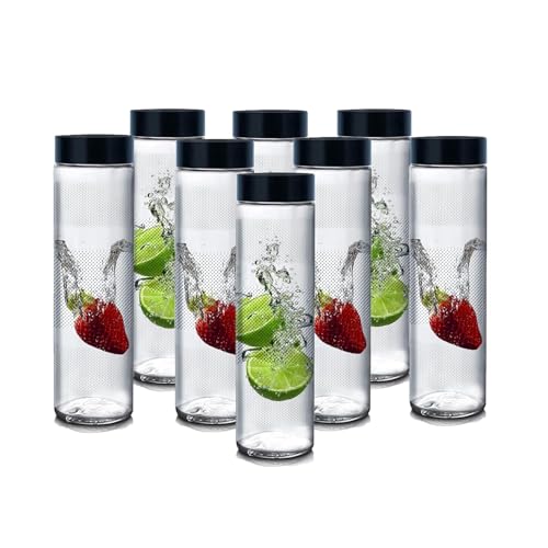 Image of Glassbunny 750ml Set Of 8 Glass Food Grade Airtight Water Bottle with Leak-Proof Black Lid - Water, Smoothie, Juicer and Beverage Glasses