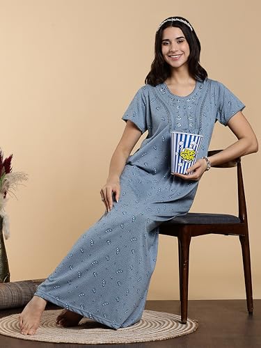Image of 9shines Label Stylish Cotton Blend Embroidered Maxi Nightdress for Women with Pocket| Full Length Nightwear| Premium Nightdress| Comfortable Nightwear(5256)