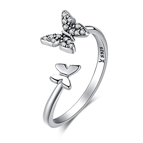 Morsun - Anillo Ajustable de Plata de Ley 925 con diseño de Mariposa y Cristal para Pulgar
