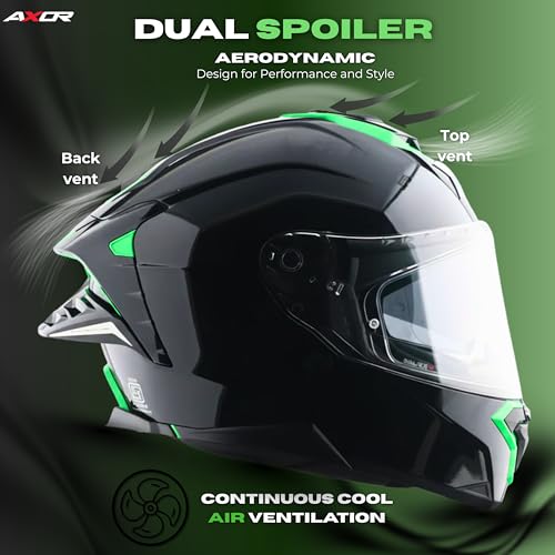 Image of Axor Brutale Corsa Helmet - Dual Spoiler | ECE 22.06, ISI & DOT Certified | Race-Ready Fit with D-Ring & UV-Protected Visor-Black Green, Size:XL