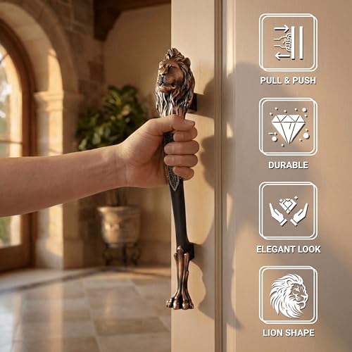 Image of GLOXY Premium Copper Black 12 inch Lion Shaped Main Door Handle with 8 inch Hole-to-Hole Spacing - Decorative Push & Pull Aluminium Wooden & Glass Door Handle for Homes, Hotels, Villas & Offices - Pack of 1