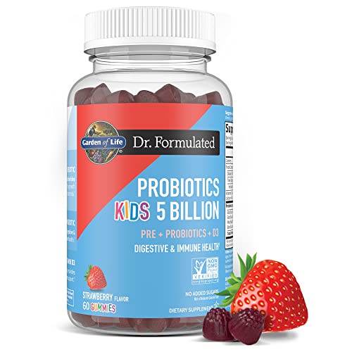 Garden of Life Dr Formulated 5 Billion CFU Prebiotic Fiber, Probiotic and Vitamin D3 Gummies for Kids Digestive & Immune Health – Gluten Free, Non GMO, No Added Sugars, Strawberry Flavor, 60 Gummies