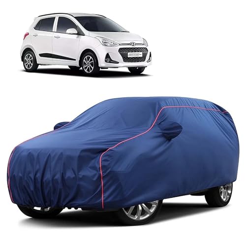 Image of Sulfar 100% Water Resistant Car Body Cover Compatible with Mirror for Hyundai Grand i10 (Triple Stitched, Full Bottom Elastic, Blue Taffeta with Red Piping)