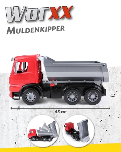 Lena 04610 - Worxx Muldenkipper Mercedes Benz Arocs, ca. 45 cm, Baustellen Spielfahrzeug für Kinder ab 3 Jahre, robuster Kipper LKW mit verriegelbarer Kippmulde und beweglicher Heckklappe
