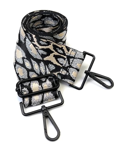 Image of Black Beige Silver Thread Leopard Purse Strap with Matte Black Hardware 2 Inch Wide Replacement Crossbody Guitar Style Shoulder Strap for Handbags Totes
