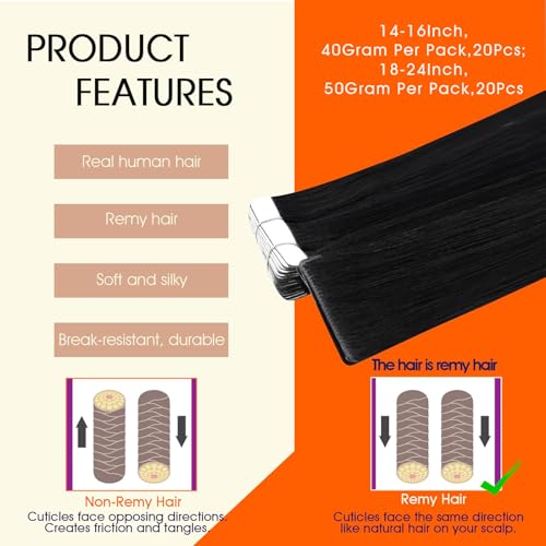 Image of Full Shine Tape Hair Extensions Real Human Hair Color 1B Injection Tape in Hair Extensions 18Inch Seamless Invisible Skin Weft Injected Extension 50G 20Pcs Travel Friendly Styling