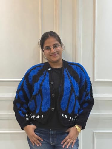 Image of Monarch Butterfly Wing Cardigan, Blue and Black Crochet Knit, Batwing Sleeve, Button-Front Shrug Jacket for Women