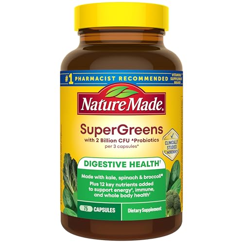 Nature Made Super Greens with Probiotic Capsules Made with 1/2 Cup Veggies Per Serving + Probiotics for Digestive Health 75 Capsules 25 Day Supply