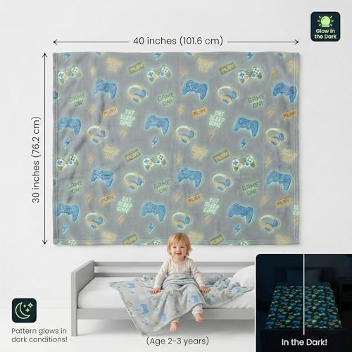Image of BSB HOME Glow in The Dark Kids Blanket, Soft Flannel Fleece Luminous Blanket for Boys & Girls, Cozy Lightweight Kids Throw for Bed - 30 x 40 in (76 x 102 cm) (Game On Theme - Light Grey)