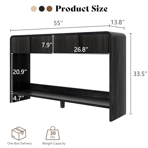 Image of AMERLIFE 55 inch Fluted Console Table with 2 Drawers and Open Shelf, Modern Entryway Table with Rounded Edges, Wood Sofa Table for Hallway, Foyer, Behind Couch, Living Room, Black