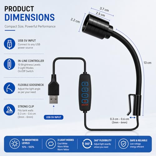 Image of VAYINATO Mini Aquarium LED Clip Spotlight (1 Pc) - Flexible Gooseneck Lamp with Controller, Adjustable Brightness, USB Powered, 3 Light Modes for Fish Tank, Terrarium, Desk & Indoor Plants