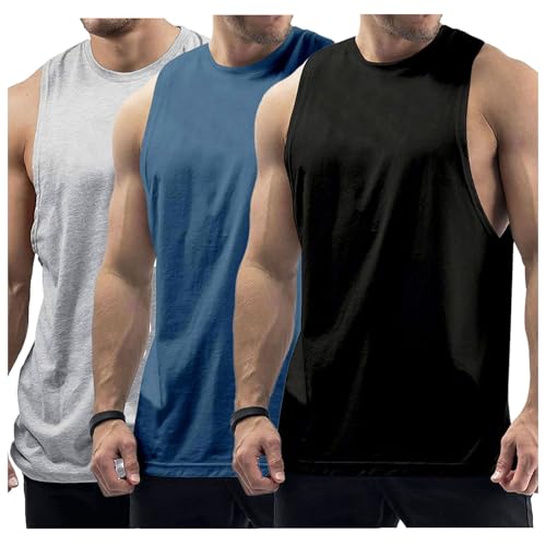 Mens Workout Tank Tops Sleeveless Muscle Cut Off Gym Shirt-BK+GY+NVBU-M
