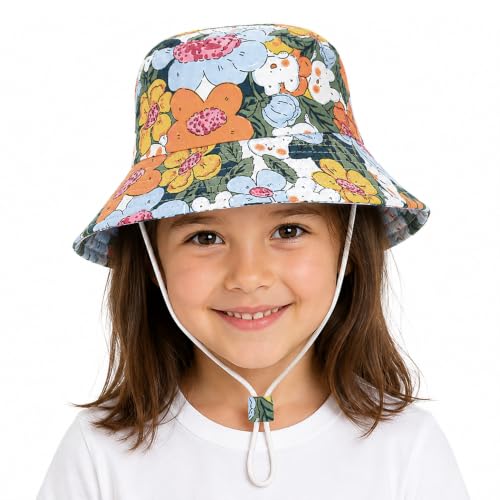 Image of VRITRAZ Unisex Kids Printed Bucket Hat | UV Protection Sun Hat with Adjustable Chin Strap & Summer Beach Travel Outdoor Cap for Toddlers & Children (4-12 Years)