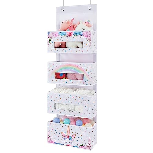 Image of WERNNSAI Unicorn Over Door Hanging Organizer - Behind Door Hanging Storage with 4 Clear Window Pockets for Baby Girls Room Organization Gifts Toy Diaper Pantry Closet Bedroom Bathroom Nursery Decor