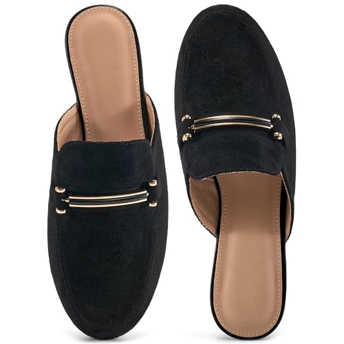 Alicegana Mules for Women Flats Shoes: Comfortable Round Toe Slip on Mules 2026 Dressy Business Buckle Loafers Black