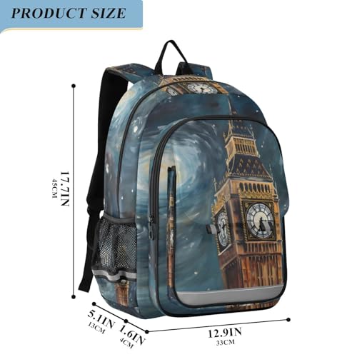 Backpack Big Ben Blue Starry Travel Laptop Daypack Shoulder Bag Book Bag Daypack with Reflective Strip 12.9 ×17.7 In2