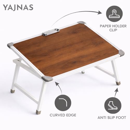 Image of YAJNAS Laptop Table for Bed Foldable & Height Adjustable | Portable Study Table for Students & Work from Home | Multipurpose Lap Desk for Writing Reading Office Home | Wooden Texture 15x26 Inch