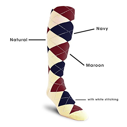 Colorful Knee High Argyle Cotton Socks For Men Women and Youth - Y: Natural/Navy/Maroon- Mens2