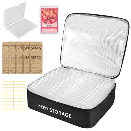 26 Slots Seed Storage Organizer Box with 10 Seed Envelopes, Oxford Cloth Seeds Storage Container with Insulated Bag, Garden Seed Packet Organizer with Label Stickers for Vegetable Flower Plants