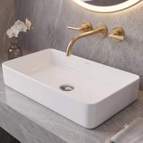 Image of OSOSAM Countertop Ceramic Wash Basin for Bathroom | Glossy White Rectangle Vessel Sink | Modern Table Top Vanity Basin for Home & Hotel | 24 x 14 x 5 Inch