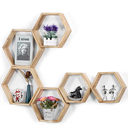 Sehertiwy Hexagonal Floating Shelves Wall Mounted Set Of 6 Wood Farmhouse Storage Honeycomb Wall Shelf For Bathroom, Kitchen, Bedroom, Living Room, Office,Driftwood Finish (Fire Roast) #TOP3
