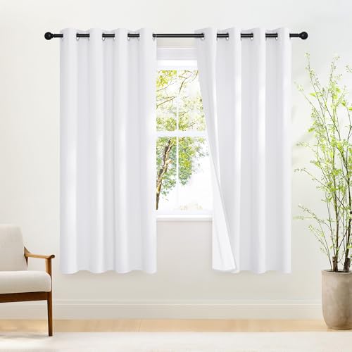 NICETOWN 100% Blackout Curtains 72 inches Long with Thermal Insulated White Liner, 52" W x 72" L, Set of 2, Thermal Insulated Privacy Window Treatment for Kitchen, 1 Panel, Pure White
