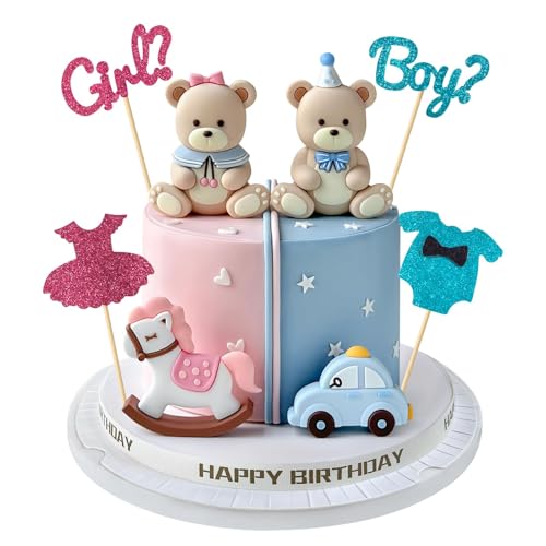 8 pièces Décoration Gâteau Révélation Fille ou Garçon,Topper Baby Shower avec Ours,Robe,Voiture,Cheval à Bascule, Décoration Cupcake Bleu Rose pour...